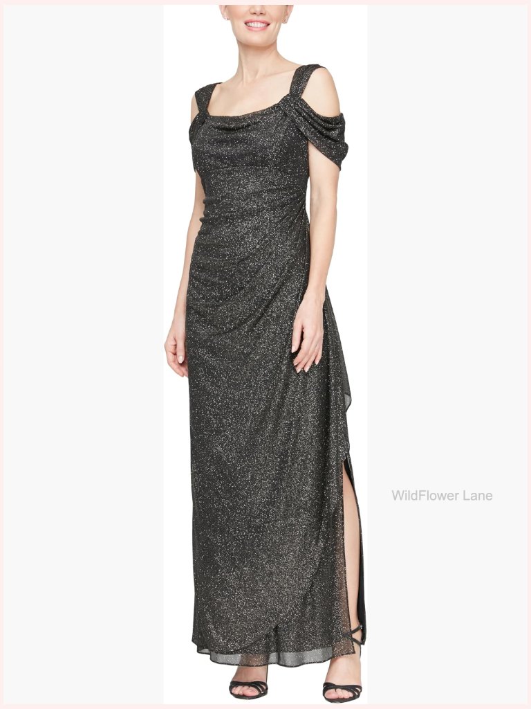 Plus Size Cold Shoulder Glitter Mesh Gown With Cowl Neck
